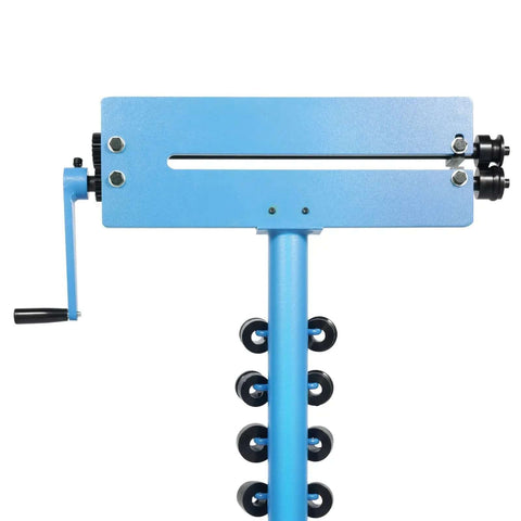 Front view of Sheet Metal Bead Roller Machine 1.2mm Manual Bead Rolling Tool With 6 Die Set, featuring crank and durable steel construction.