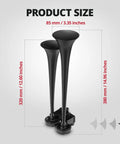 Product size chart for Badass 12V Dual Trumpet Air Horn Kit showing dimensions of dual trumpets with black finish.