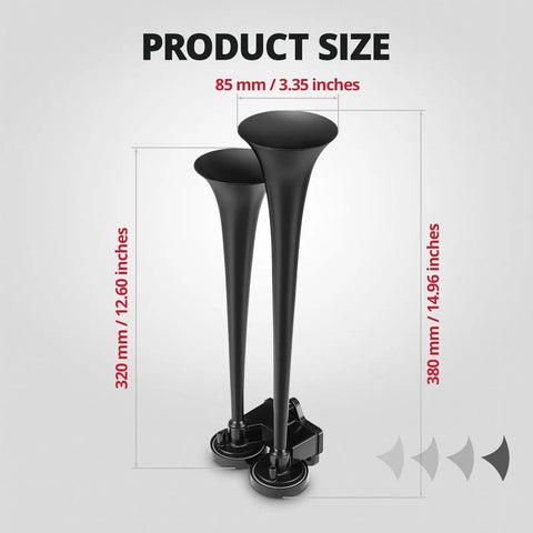 Product size chart for Badass 12V Dual Trumpet Air Horn Kit showing dimensions of dual trumpets with black finish.