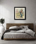 Bedroom decor with Dope 1902 Artwork Print A New Scythe Cuts Clean By John Samuel Pughe in black frame above bed