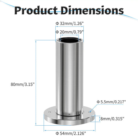 2 Pack LMF20LUU Linear Ball Bearings With Round Flange, 20 mm Bore 32 mm Outer Diameter 80 mm Length, product dimensions illustration.