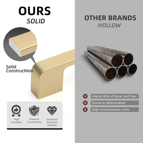 Comparison of solid vs hollow cabinet pull construction highlighting features of 5 Inch Brushed Gold Cabinet Pulls Set Of 10 Zinc Alloy Handles.