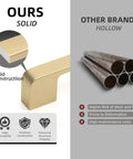 Comparison of solid brushed gold zinc alloy cabinet pull vs hollow metal tubes; highlights durability and structural integrity.