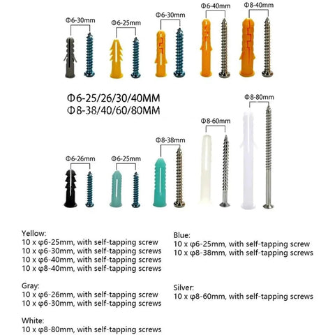 200 Piece Drywall Anchor Screw Set With Self Drilling Zinc Plated Carbon Steel For Quick No Prep Install And Heavy Duty Rust Resistant Mounting Of TVs Cabinets Shelves And Wall Decor sizes shown