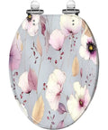 Soft Close Elongated Toilet Seat for Bathroom with floral design, clear material, top view showing adjustable hinges.