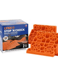 Stop N Chock 2 Pack For No Fuss Safe Parking And Easy Stabilization, orange porous PLA chocks with box packaging