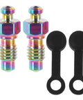 Badass Titanium Alloy Brake Bleeder Screw Set With Dust Caps For Motorcycles Mountain Road Bikes Dirt Rig showing two lightweight screws and black caps.