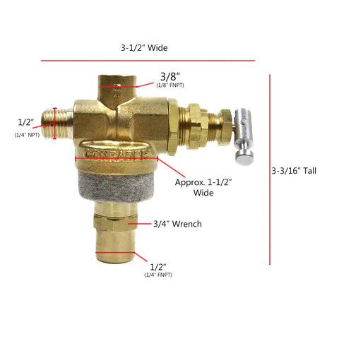 131B Pilot Unloader Valve For Air Compressors, Gold Finish Replacement Part With Easy Install, marked dimensions