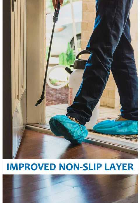 Person wearing Blue Disposable Boot Covers Premium Pack 100 Non Slip Shoe Protectors for indoor and outdoor use on hardwood floor.
