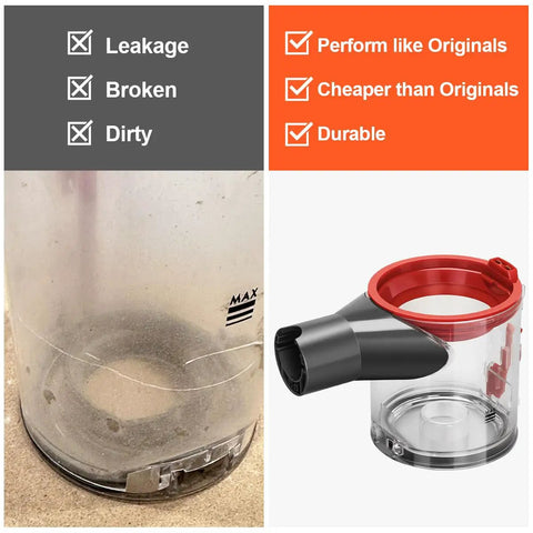 Comparison of old dirty dust bin and new clear dust bin replacement for Dyson V7 V8, part no 967699-01.