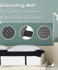 Grounding Bed Mat For Sleep Boost And Pain Relief Full Size 54 By 71 Inch shown on a bed, highlighting carbon leatherette material.