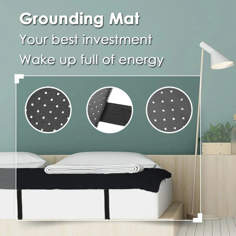 Grounding Bed Mat For Sleep Boost And Pain Relief Full Size 54 By 71 Inch shown on a bed, highlighting carbon leatherette material.