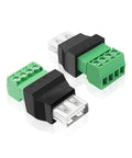 Slick USB To Four Pin Screw Terminal Block Adapter for Quick Cable Extensions, pack of 2, durable design, green and black connectors.