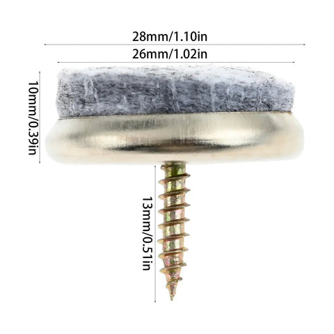 Top Shelf Screw On Floor Protectors And Table Glides 24 Pack Universal Furniture Leg Pads with Silky Felt Bottoms showing 28mm size with metal screw.