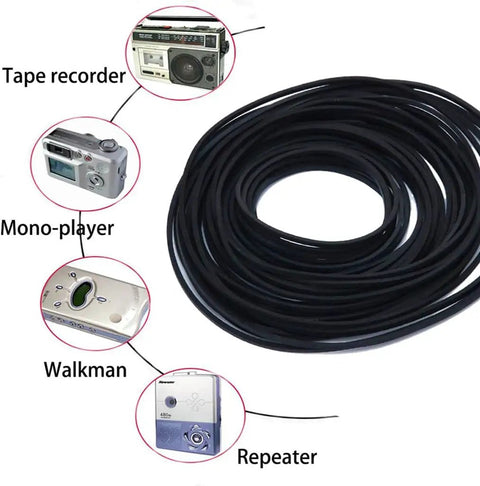 Rubber Drive Belt Set for DVD CD VCR and Cassette Players 56 Pcs Replacement Belts with retro audio equipment illustrations.