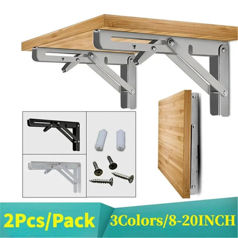 Heavy Duty Stainless Steel Folding Shelf Brackets Collapsible Wall Mount L Table Hinges, 10 Inch, silver, space-saving design