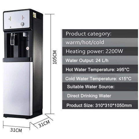 Slick Bottleless Water Dispenser Featuring Straight Up Four Stage Filtration And Game Changing Tankless Direct Connect Design For Crisp Instant Hot Cold Or Warm Water Daily At Home Or Office, front view with specs.