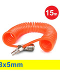 Slick Heavy Duty Polyurethane Air Hose Featuring Flexible Spring Pipe Design And Swiveling Industrial Couplers For No Sweat Pneumatic Projects And Air Compressor Tasks At 15 Meters, orange, 15m length, coiled design.