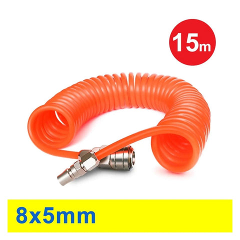 Slick Heavy Duty Polyurethane Air Hose Featuring Flexible Spring Pipe Design And Swiveling Industrial Couplers For No Sweat Pneumatic Projects And Air Compressor Tasks At 15 Meters, orange, 15m length, coiled design.