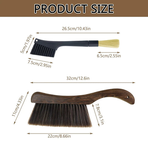 No Sweat Coffee Grinder Brush Set With Removable Heads And Heavy Duty Wood Handles dimensions showing two sizes of espresso cleaning brushes.