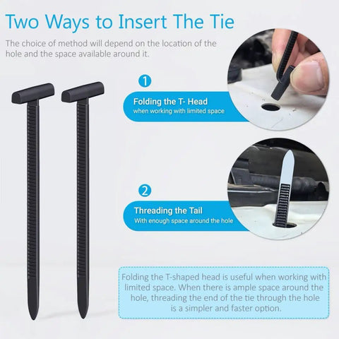 Two methods for using Heavy Duty Nylon Universal Cable Tie Buckles For Cars And Home Use shown in illustrations.