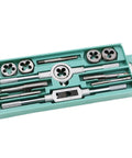 Huge 12 Piece Tap And Die Wrench Set With Heavy Duty Alloy Steel Holders For M3 Through M12 Threads Perfect Metalworking Hand Tools That Are Totally Awesome For Your DIY Projects Or Professional Fabrication Jobs Anywhere. 12-piece alloy steel tap and die set in green case, M3 to M12 sizes