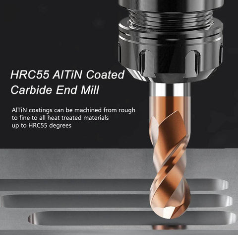 Close-up of ASNOMY 5-piece ball-nose carbide end mill set, AlTiN coated, 1–4 mm sizes.
