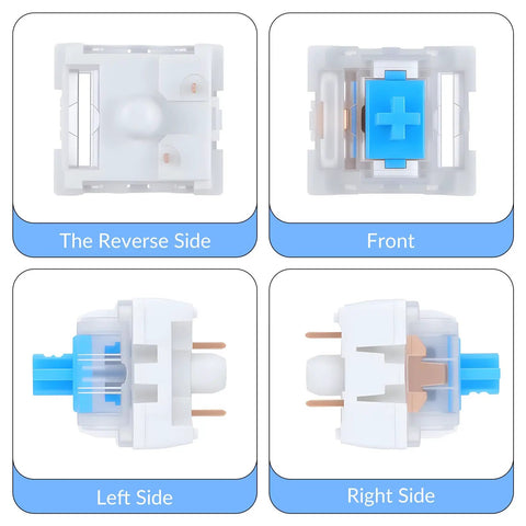 50 Pack Blue 3 Pin Mechanical Keyboard Switches With Dope Clicky Feel Replacement Keys For DIY Keyboard Builds Durable Plastic Shell Copper Contacts And Steel Springs For Smooth Reliable Performance front and side views