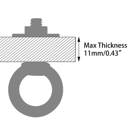 Solid As A Rock 304 Stainless Steel Eye Bolts With Nuts And Washers 4 Pack M10 X 25MM diagram showing max thickness of 11mm/0.43".