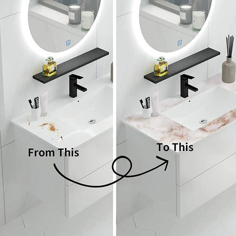 Bathroom vanity before and after applying Marble Peel And Stick Countertop Wallpaper 35.4 By 196.8 Inches Removable Gold White Matte Thick Shelf Liner.