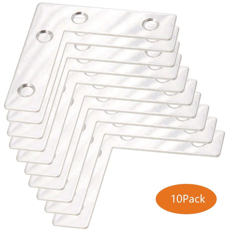 Top Shelf Heavy Duty Stainless Steel L Shape Corner Brace Brackets 10 Pack Rust Proof Mending Plates stacked showing 4 hole design.