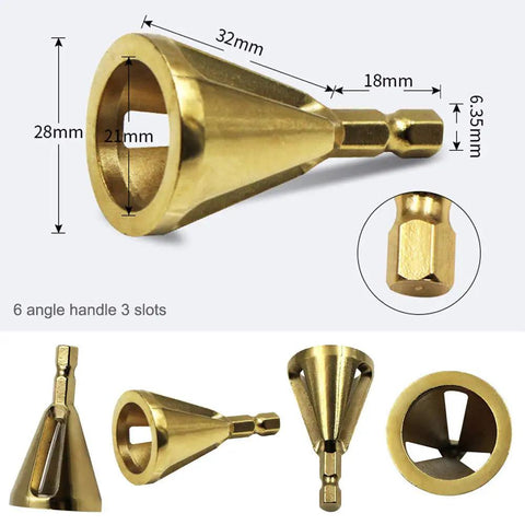 3Pcs Chamfering Tool Set For Outer Edge Deburring And Trimming Compatible With Electric Drill Chuck Quick Angle Grinding File For Wood Metal Smooth Finish Handy Work showing chamfering file dimensions and design.