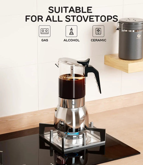 Stovetop Moka Pot For 9 Cups Espresso Maker 15oz Italian Coffee Clear Glass And Stainless Steel Base Silver Finish on stove
