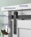 Five Foot Mini Double Door Sliding Barn Door Hardware Kit with nylon wheel, anti jump disks, door stopper, and floor guide.