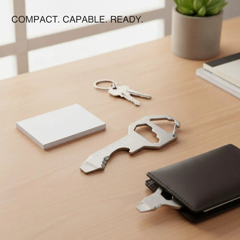 Metal Card Multitool With Bottle Opener, Flathead Screwdriver, and Hex Adjuster on desk, ultra slim and lightweight