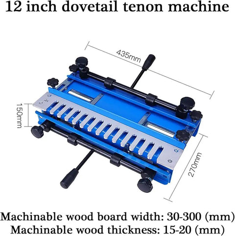 Rock Solid 12 Inch Wood Dovetail Jig Router Template For Dead Nuts Accurate Cabinet Joinery And Drawer Boxes Featuring One Piece Cast Aluminum Base on a blue dovetail tenon machine with adjustable clamps.