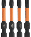 No Nonsense Torx T27 Security Bits With Tamper Proof Star Drive 2 Inch Long Dang Tough S2 Steel 4 pack displayed together.