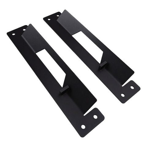 Two metal brackets from the 4 Pack Small Mounting Brackets For Toolbox And Box Mounts, durable and black for garage wall use.