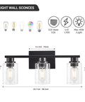 Sleek Matte Black 3 Light Vanity Light With Clear Glass Shades dimensions and bulb types shown