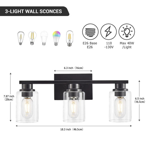 Sleek Matte Black 3 Light Vanity Light With Clear Glass Shades dimensions and bulb types shown