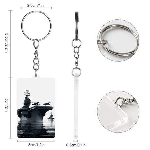 Aircraft Carrier Acrylic Keychain With Lightweight Design And Included Chain And Jump Rings For Keys Everyday Carry Essential Backpack And Purse Bag Charm Gift For Women And Men showing size dimensions and close-up details