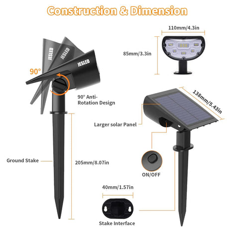 Diagram of Outdoor Solar Spotlights 650 Lumen IP67 Waterproof Warm White 3000K with dimensions and solar panel details