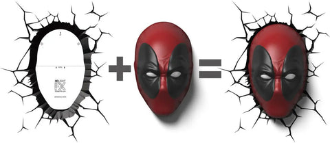Deadpool 3D Deco Light Mask Wall Decor Cordless Battery Operated LED Night Light with Sticker, showing assembly process