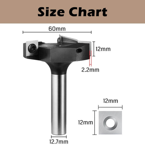 Size chart of 2.36 Inch Cutting Diameter 3 Wing Spoilboard Surfacing Router Bit, One Half Inch Shank, Carbide Insert