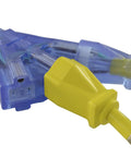 Straight Up Kickass One Point Five Foot Twenty Amp Twist Lock Power Cable Converts Male L5 Connector Into Three Nema Receptacles For Quick Generator Hooks On Site Today, showing yellow L5 connector and multiple outlets.