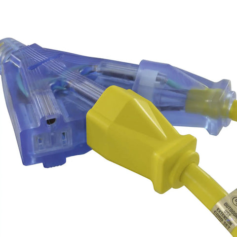 Straight Up Kickass One Point Five Foot Twenty Amp Twist Lock Power Cable Converts Male L5 Connector Into Three Nema Receptacles For Quick Generator Hooks On Site Today, showing yellow L5 connector and multiple outlets.