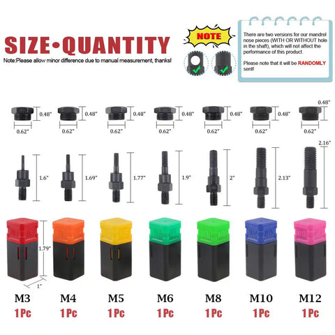 7-Piece Assorted Rivet Nut Gun Mandrels And Nose Pieces Set For Metric M3 M4 M5 M6 M8 M10 M12 Riveters with Color-Coded Bases