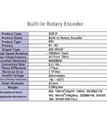 Table displaying specifications for Built-in Rotary Encoder including size, voltage, rotation speed, and temperature range.