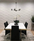 Textured 3D PVC Wave Wall Panels Matte White 19.7 Inch Square Tiles in dining room backdrop, 12 pack, covers 32 sq ft