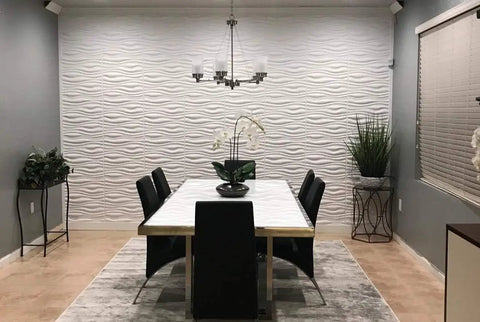 Textured 3D PVC Wave Wall Panels Matte White 19.7 Inch Square Tiles in dining room backdrop, 12 pack, covers 32 sq ft